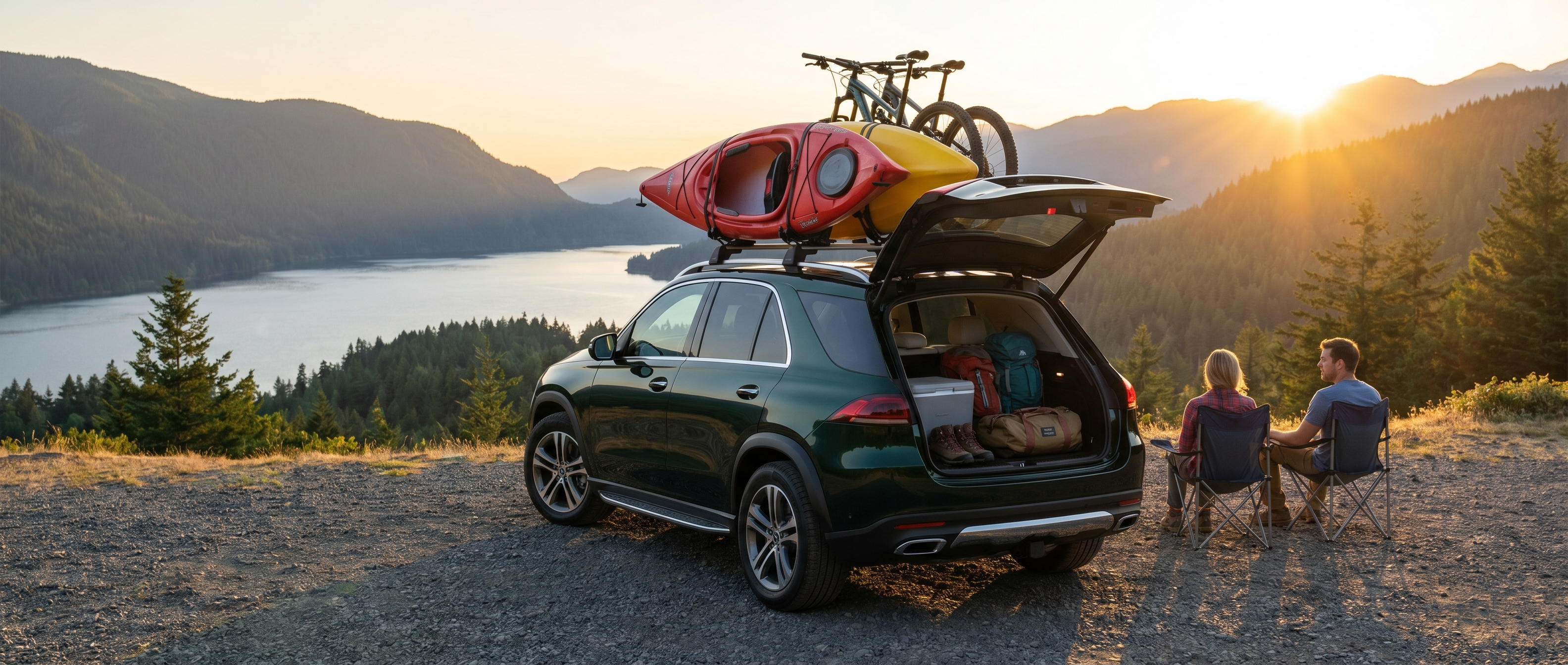 Mercedes-Benz SUV loaded with outdoor gear and kayaks near Lake Lanier in Duluth, GA